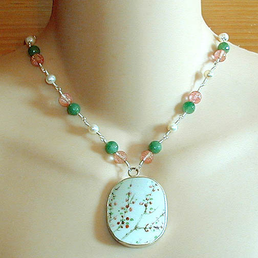 Ming Pottery Shard Necklace w/ Cherry Quartz, Green Aventurine & Pearl